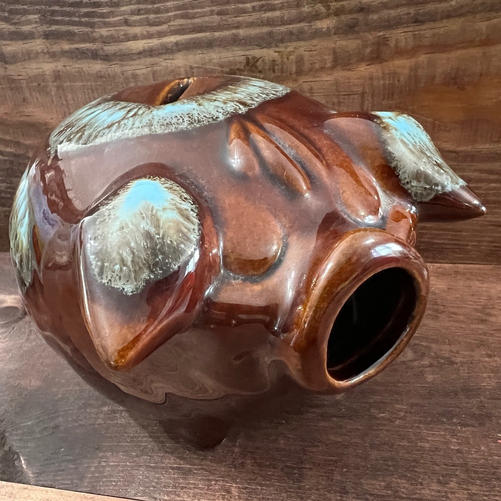 Vintage Hull Pottery Corky Pig Bank Brown Drip Glaze Ceramic 1957 HP Co No Cork